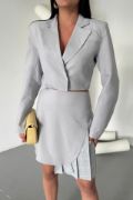 POLYVİSKON CROP CEKET - EKOSE PİLE DETAYLI ETEK TAKIM - Gri resmi